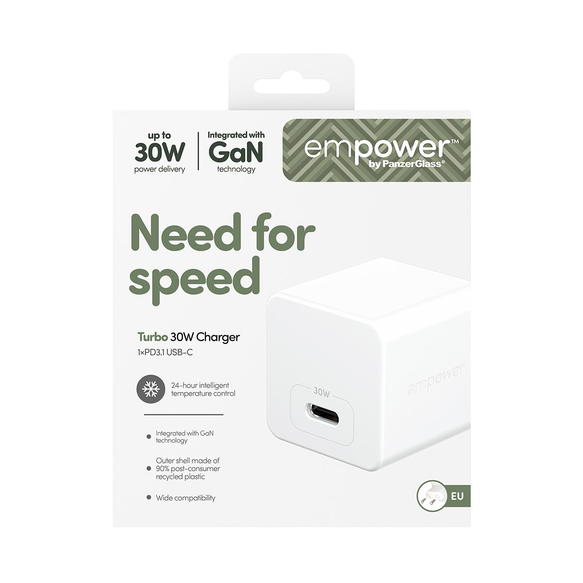 empower by PanzerGlass® Turbo 30W Oplader Single USB-C | EU Stik | Silver White